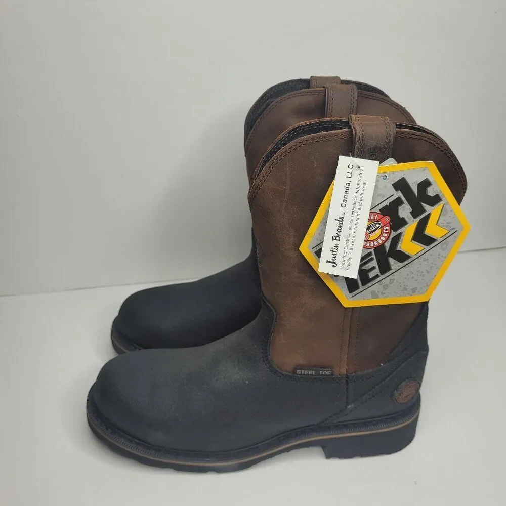 Justin boots black brown steel toe waterproof pull on work boots size 7EE NWT